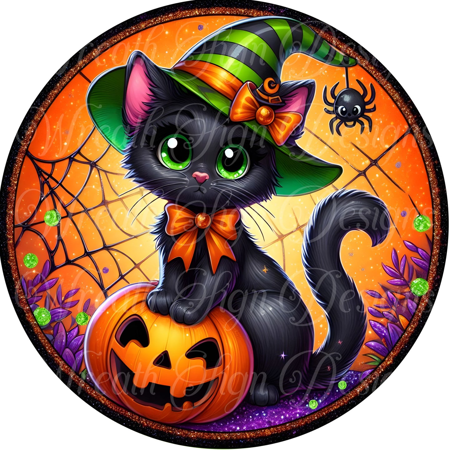 Black cat and pumpkin round metal sign, Halloween cat wreath sign, black cat and spider wreath center, wreath attachment,  Cat witch sign