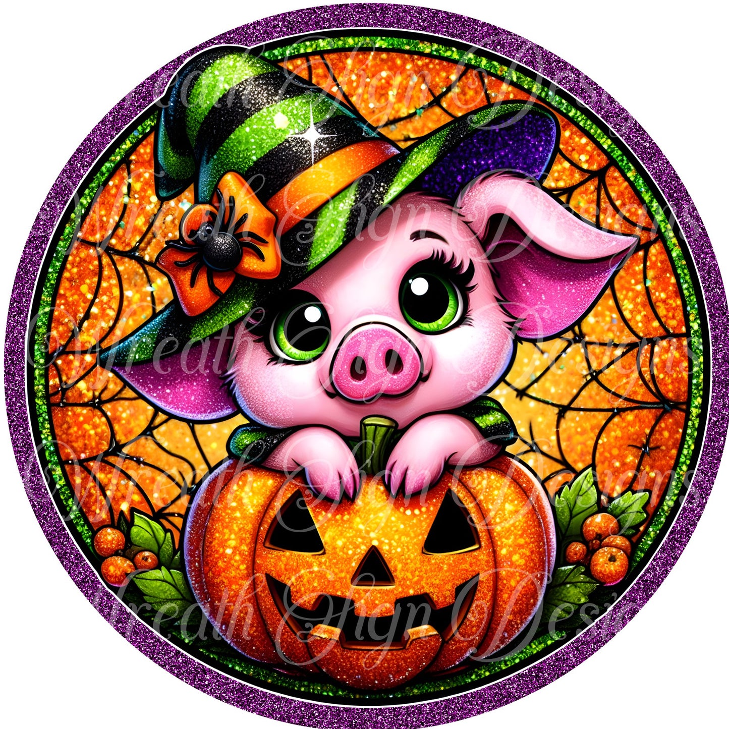 Whimsical Halloween Pig, trick -or- treat pig dressed as witch, Piglet and pumpkin round metal wreath sign, wreath center, wreath attachment