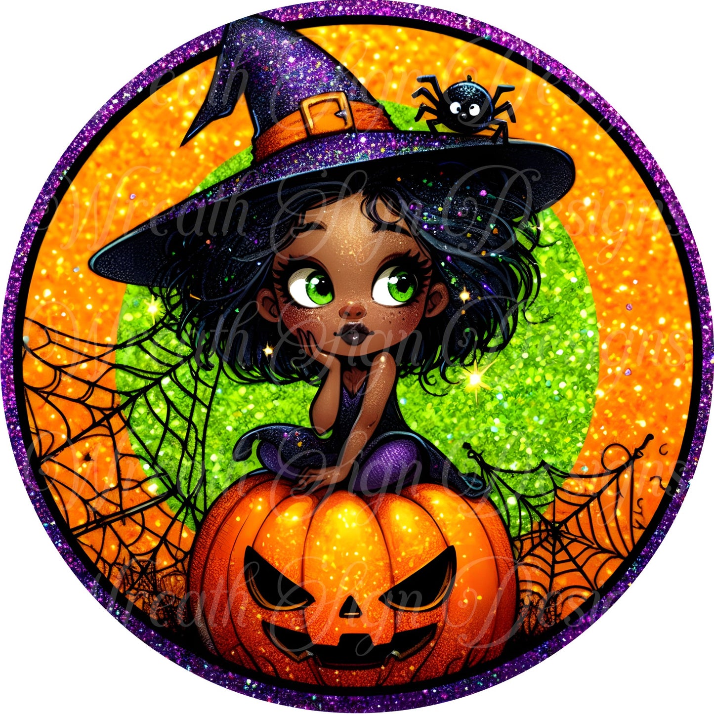 sublimated round metal wreath sign, African American black Halloween witch and pumpkin wreath sign