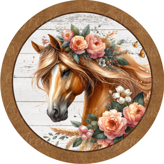 Horse sign, Floral  welcome sign, farmhouse, rustic, animal, metal wreath sign, Round sign,  attachment Wreath center,