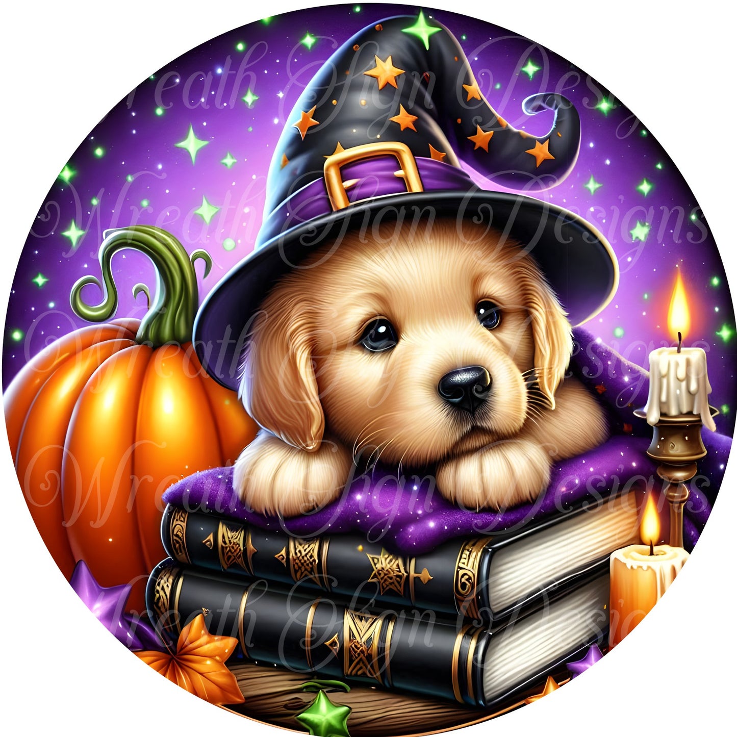 Whimsical Halloween Dog, trick-or-treat Golden Retriever dressed as witch,  pumpkin round metal wreath sign, wreath center wreath attachment