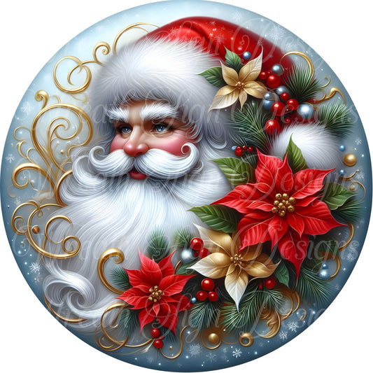 Santa dressed in red with gold accents, Santa Claus round metal sublimated sign, St, Nick, Kris Kringle Christmas sign