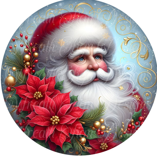 Santa dressed in red with gold accents, Santa Claus round metal sublimated sign, St, Nick, Kris Kringle Christmas sign