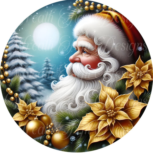 Santa dressed in Gold, Santa Claus round metal sublimated sign, St, Nick, Kris Kringle Christmas sign,