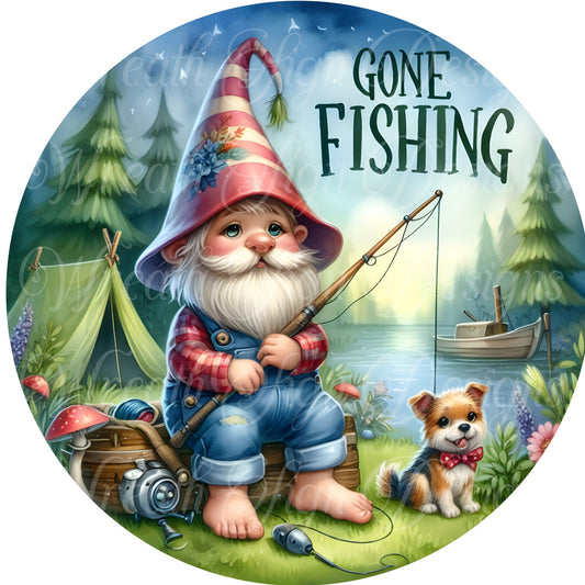 Gone Fishing, fishing sign, father's day Gnome  fall sports metal wreath sign, Round sign,  attachment Wreath center