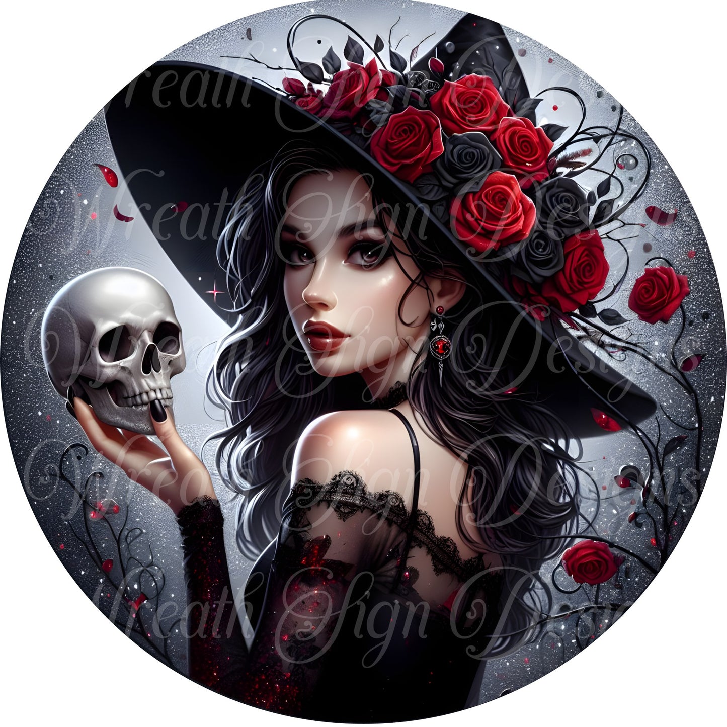 Sublimation wreath sign, Gothic Halloween Witch, wicked witch, skull and roses, round metal wreath sign