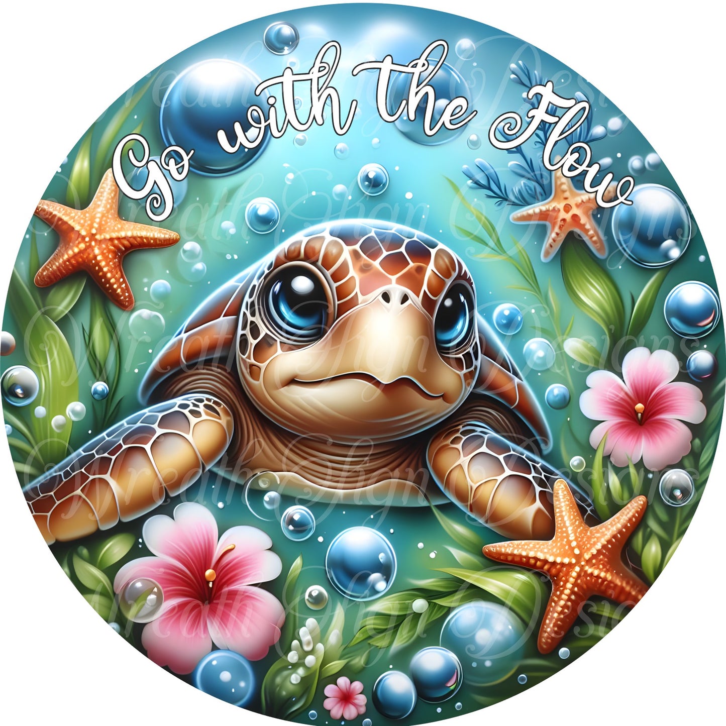 Cute whimsical sea turtle metal sign, Go with the flow, Sea turtle round metal wreath sign, Underwater turtle, wreath center, attachment