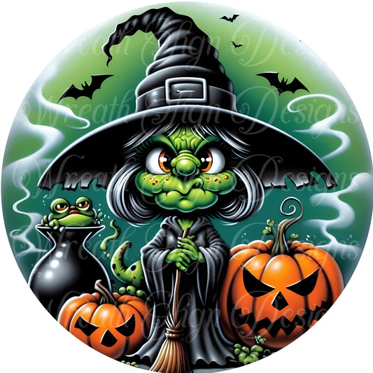 Wicked witch and cat Halloween round metal wreath sign. Wreath center, Wreathc attachment