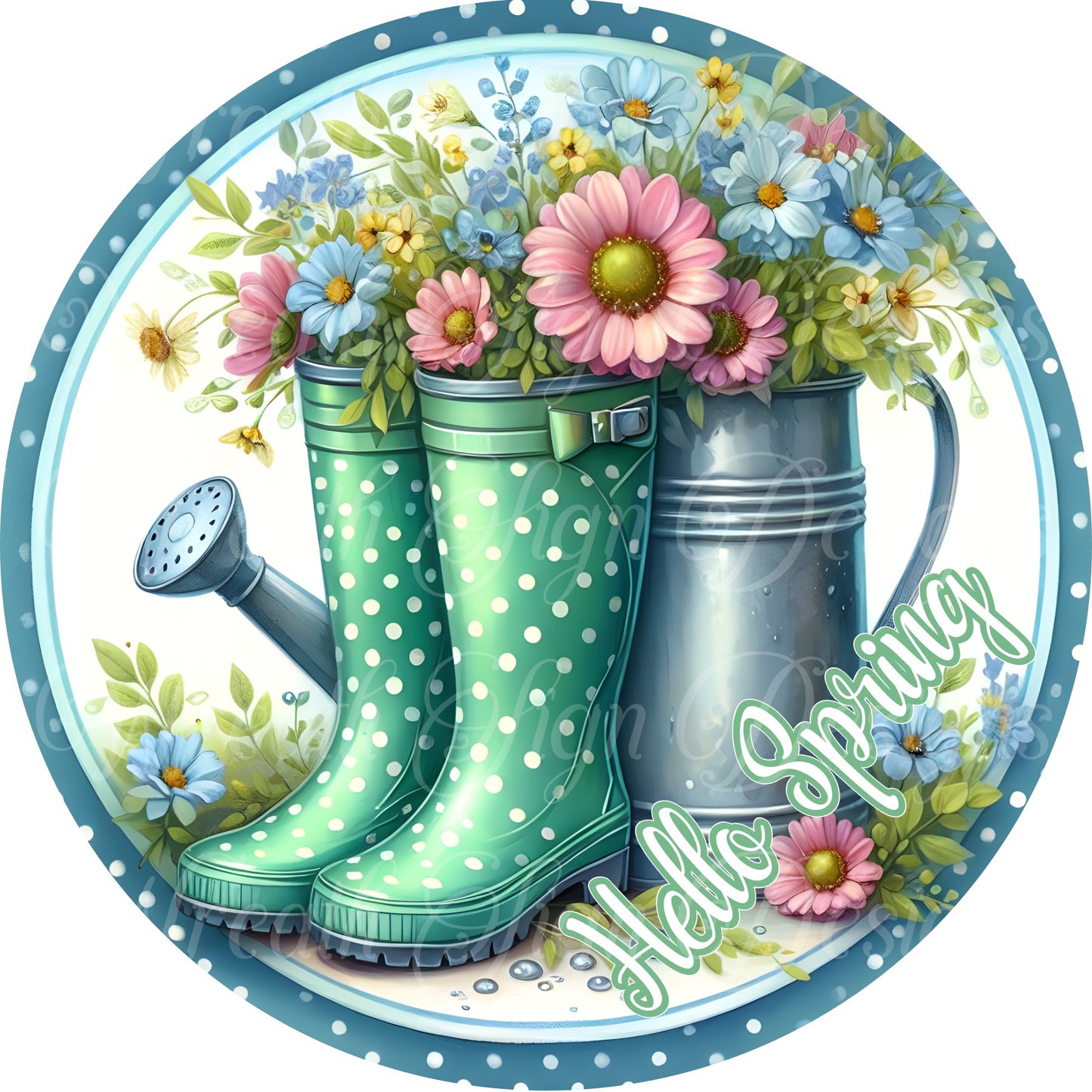 Mint Green Rainboots springtime wreath sign. Rainboots, umbrellas and hydrangea wreath sign, center, attachment, plaque