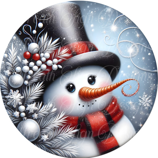 Winter Snowman round metal wreath sign. Wreath Center, Wreath Attachment,  round metal sign