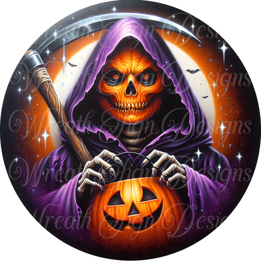 Round metal wreath sign, The grim reaper, Halloween, Fall round metal wreath sign