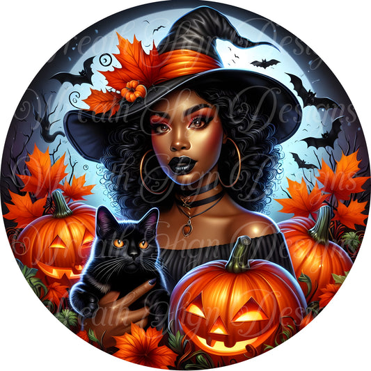 Happy Halloween, African American Diva Witch wreath sign, Melanin witch, black witch wreath center, wreath attachment