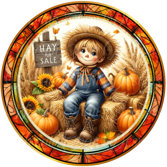 round metal sublimated wreath sign, Fall  scarecrow center wreath attachment, pumpkin sign, Happy Fall
