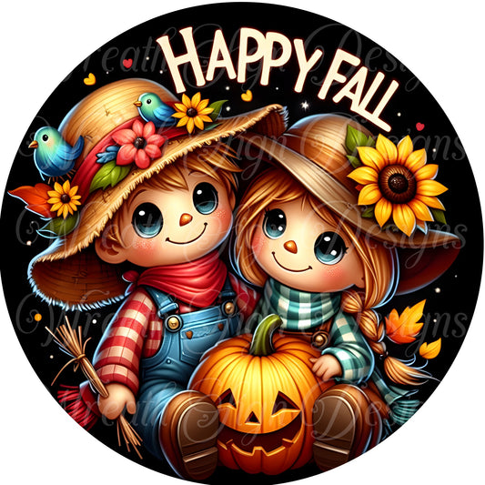 whimsical fall Scarecrow round metal sign,  Fall sign, Crow and sunflower wreath sign, wreath center, wreath attachment. scarecrow sign