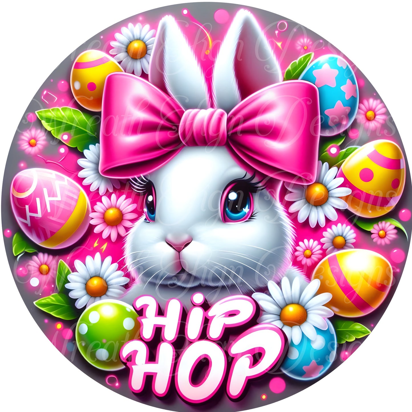 hip hop easter bunny metal wreath sign, Round sign, Wreath attachment, Wreath center, easter