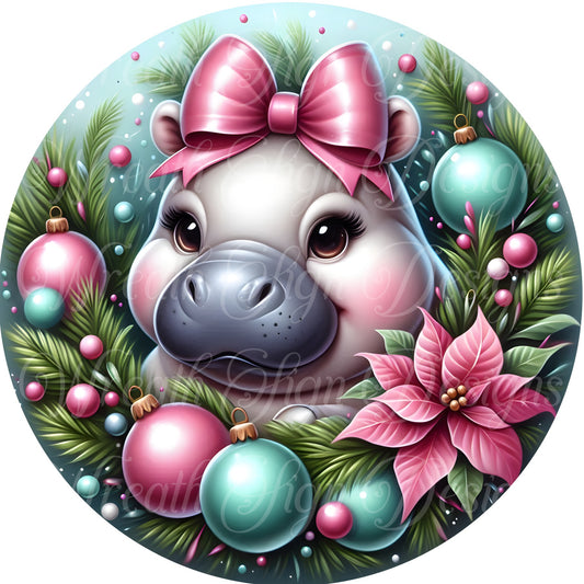 Christmas Wreath sign hippopotamus for christmas sign, Christmas hippo round metal wreath sign, Wreath attachment