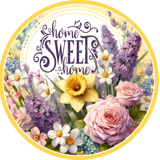 Home Sweet Home Springtime flowers wreath sign, Pastel Springtime flowers wreath sign, center, attachment, plaque