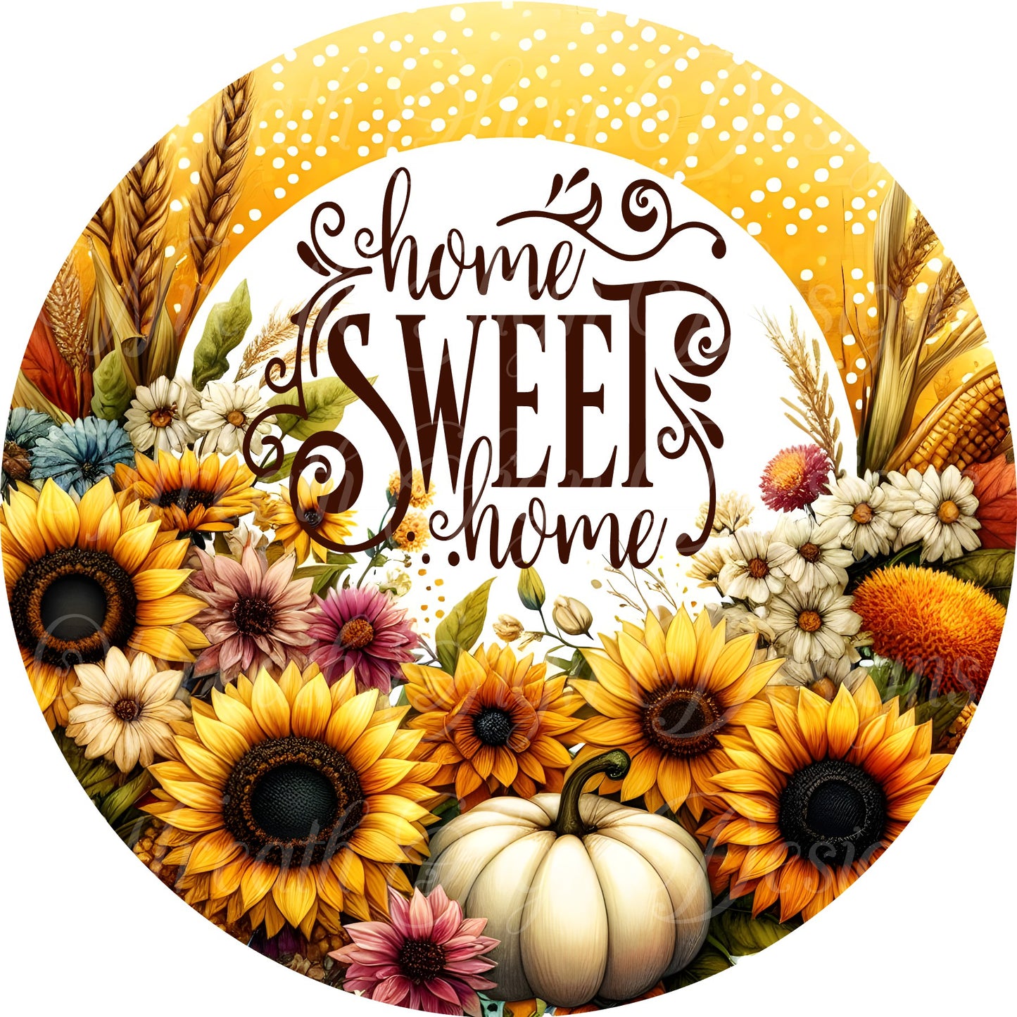 Home sweet home, fall print, sunflower and pumpkins sign, fall Wreath Center, Wreath Attachment  Metal Sign