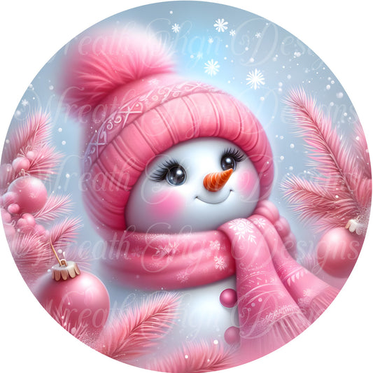 pink snowman Christmas, Hot pink snowman round metal wreath sign, winter snowman Wreath center,  wreath plaque