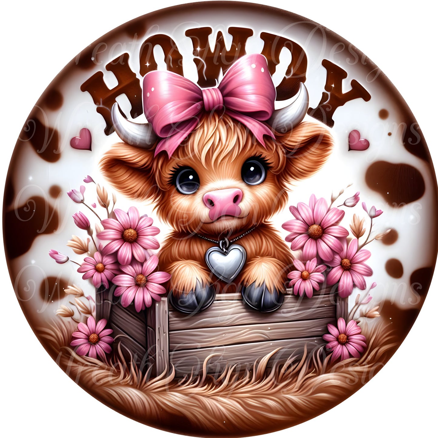 Howdy Highland cow wreath sign, Highland cow in the pink daisies wreath sign, wreath center, wreath attachment