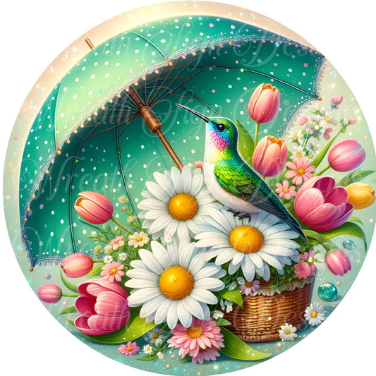 green springtime umbrella and hummingbird wreath attachment, wreath center, rainy day, april showers, floral sign