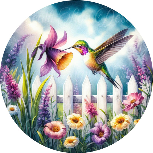 hummingbird round metal sign, Springtime hummingbird and flowers wreath sign, wreath center, wreath attachment,