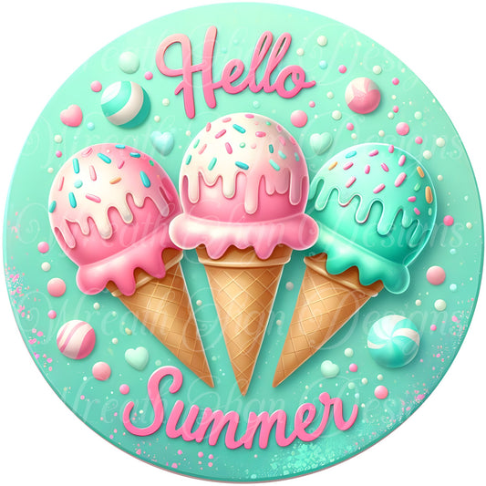 Hello Summer, Ice Cream wreath sign, Pastel Ice cream sign, Wreath center, Wreath attachment
