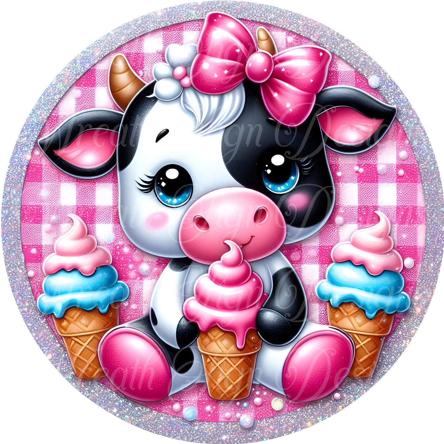 Summertime, Black and white cow eating Ice Cream wreath sign, Ice cream sign, Wreath center, Wreath attachment