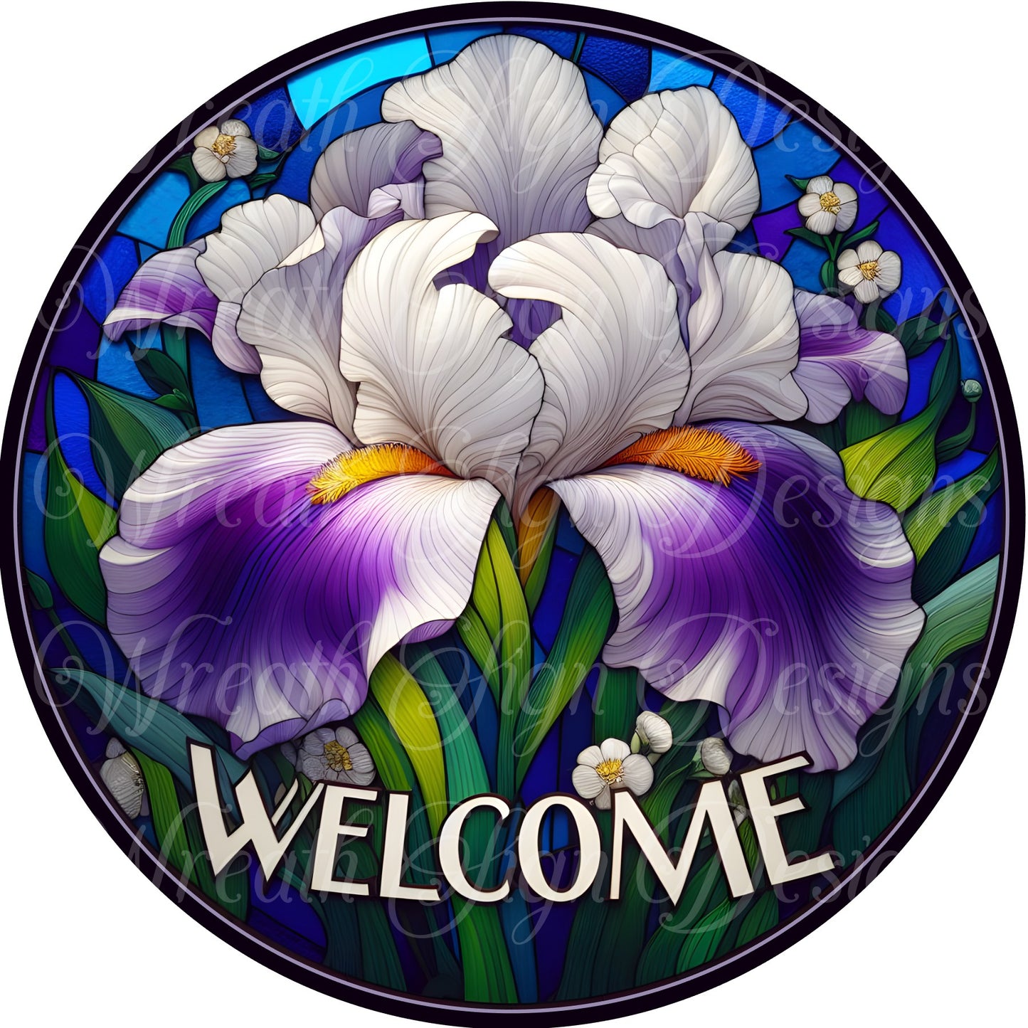 Faux Stained glass iris flower wreath sign,  Floral, Springtime summertime Sublimated metal wreath center, Round wreath sign