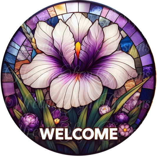 Faux Stained glass iris flower wreath sign,  Floral, Springtime summertime Sublimated metal wreath center, Round wreath sign