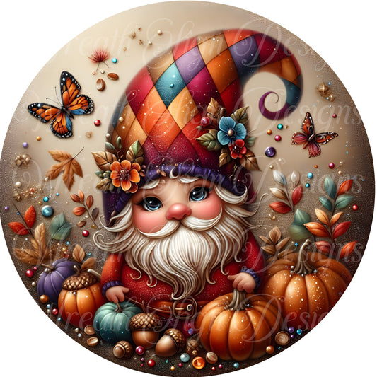 Jewel Tone fall gnome and pumpkins metal wreath sign, Round autumn butterfly sign, blue and orange pumpkins wreath center, attachment