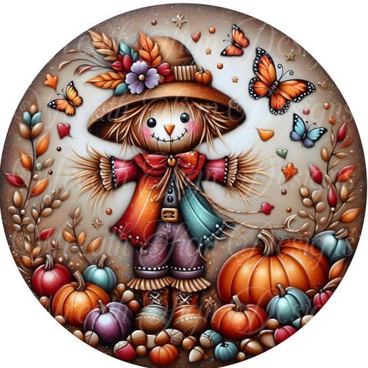 Jewel Tone fall scarecrow and pumpkins metal wreath sign, Round autumn butterfly sign, blue and orange pumpkins wreath center, attachment