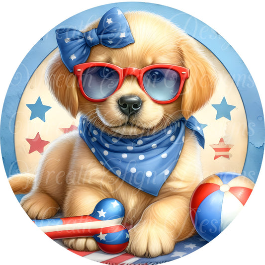 freedom puppy, dog , patriotic, July 4, independence  liberty metal wreath sign, Round sign,  attachment Wreath center, Americana, American