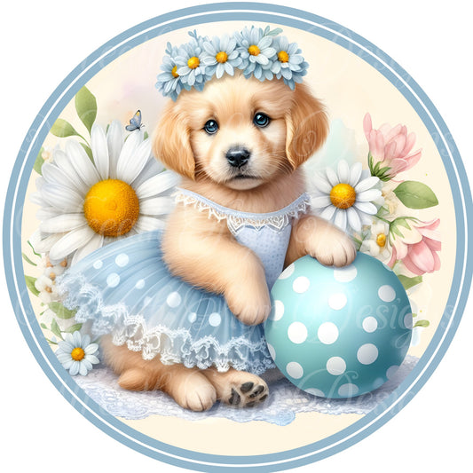 Spring time golden retriever puppy wearing a tutu metal sign,  spring time summer time Round sign, Wreath attachment, Wreath center,