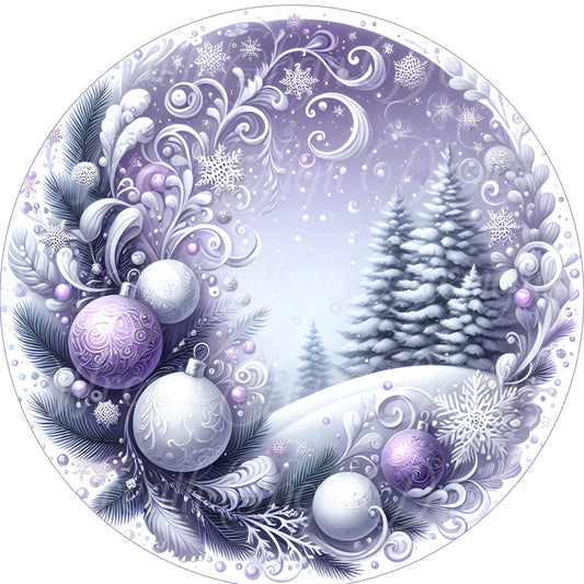 lavender Christmas round metal wreath sign, lavender Christmas tree in the snow,  Wreath Sign, purple Wreath Center, Wreath Attachment