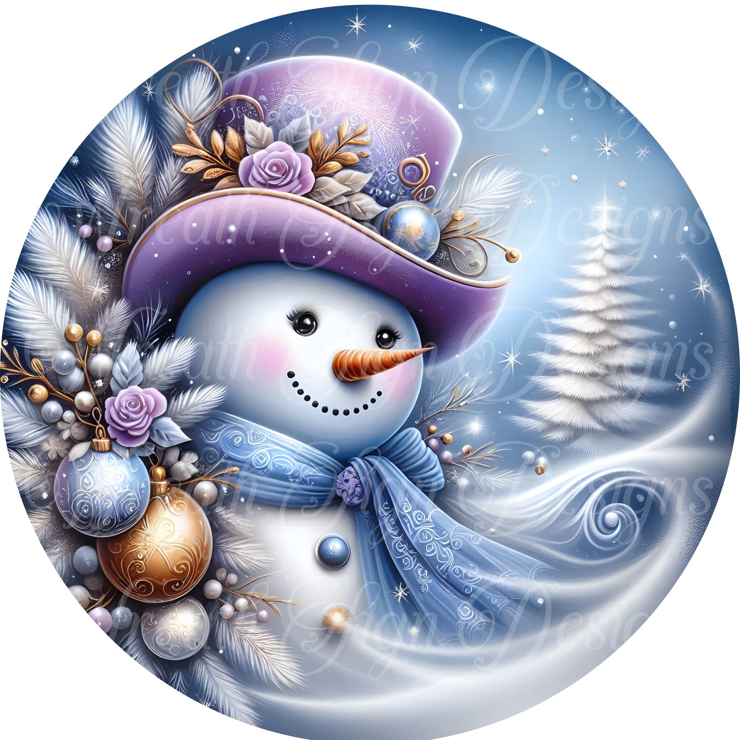 lavender and blue Christmas snowman sign, winter sign,  Wreath Sign, Wreath Center, Wreath Attachment, round metal sign