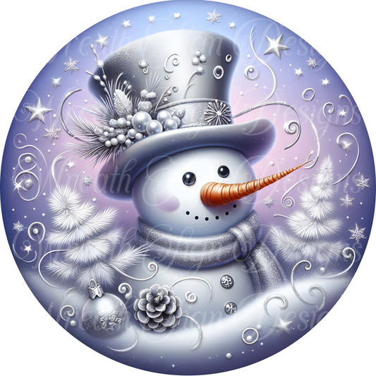winter snowman, round metal wreath sign, lavender romantic snowman, Christmas Holiday sign, Wreath center, attachment