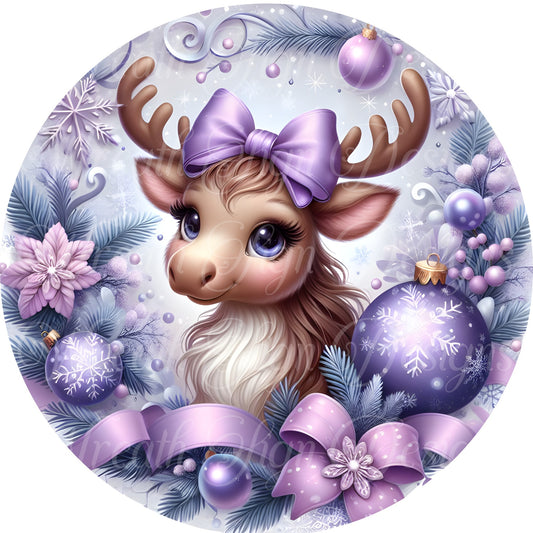 Christmas Moose in lavender and purple wreath sign, Winter Moose sign, Wreath center, wreath attachment