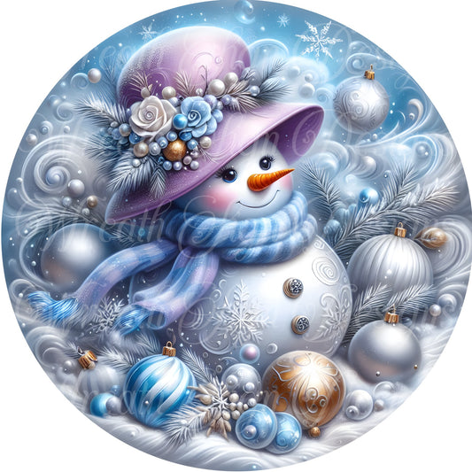 lavender and blue Christmas snowman sign, winter sign,  Wreath Sign, Wreath Center, Wreath Attachment, round metal sign