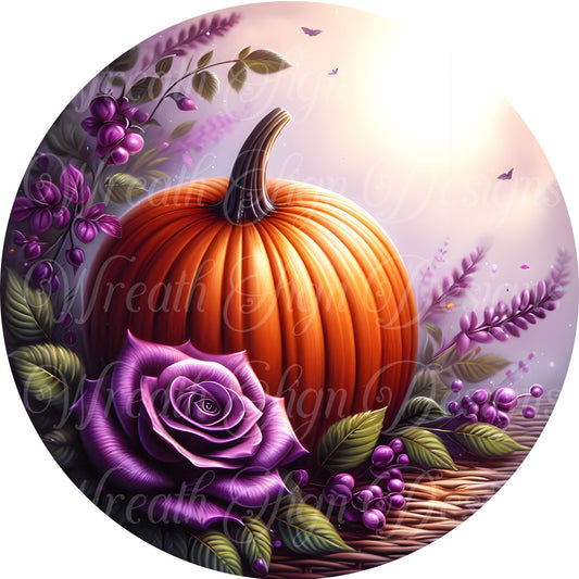 Lavender and Orange fall pumpkin sign, round metal wreath sign, Fall pumpkins, pumpkins, wreath sign, wreath center, wreath attachment