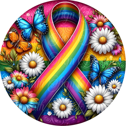 Gay pride, Lgbtq, gay pride ribbon round metal wreath sign, Wreath center, wreath attachment