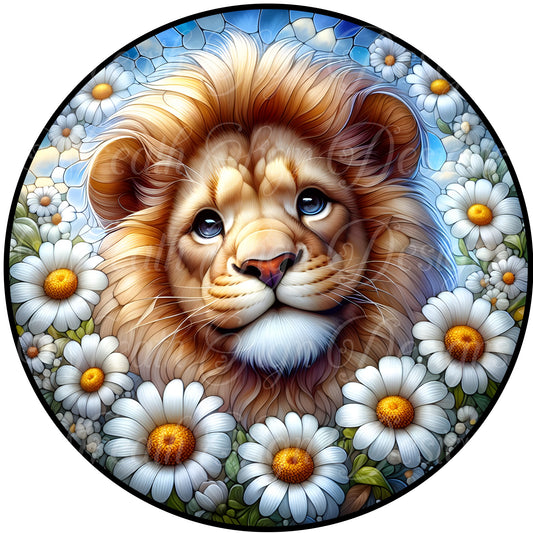 metal wreath sign, faux stained glass lion in the daisies, cat sign,  sublimation round metal wreath sign