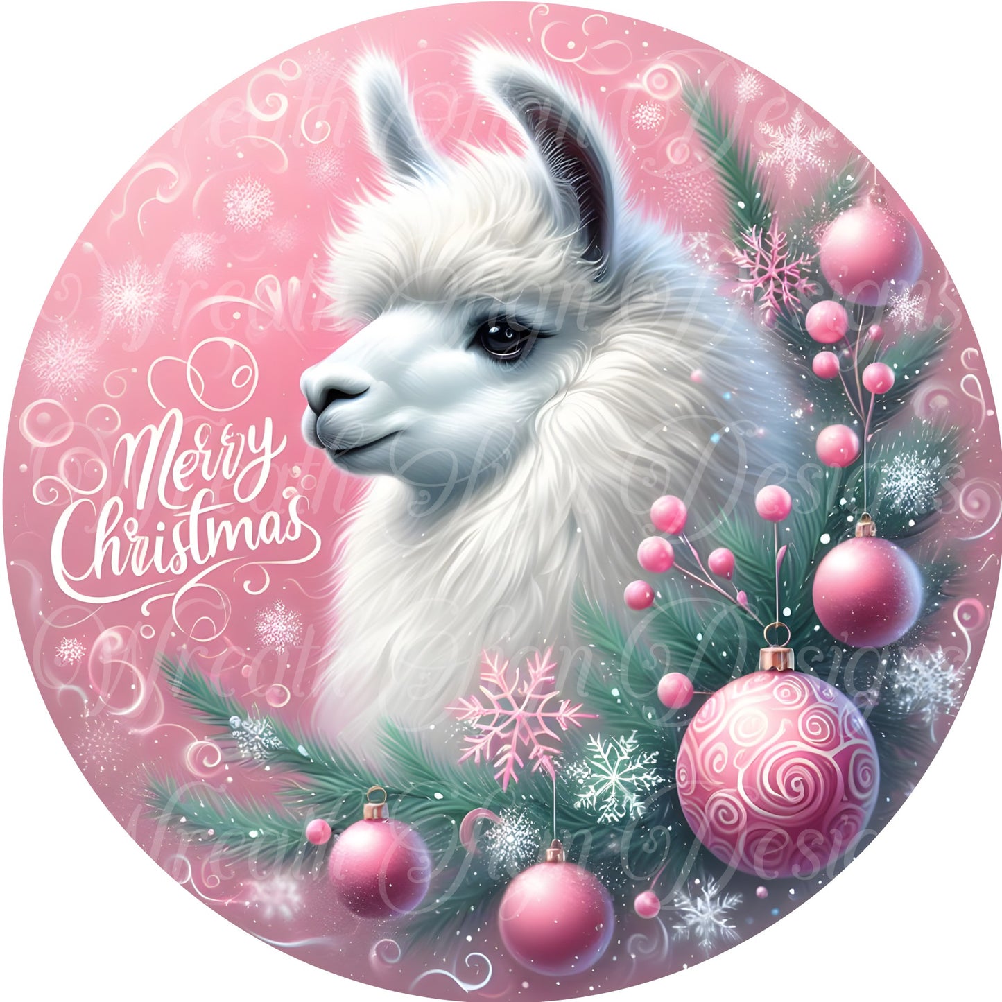 Round metal wreath sign, Pink Llama Christmas sign. Winter, snowflake wreath center, attachment