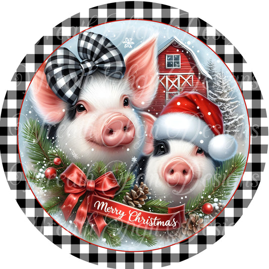 Merry Christmas pig round metal sign, Christmas sign, Winter wreath sign, wreath center, wreath attachment, Holiday Sign, buffalo check