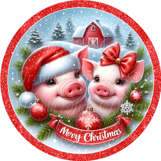 Merry Christmas pig round metal sign, Christmas sign, Winter wreath sign, wreath center, wreath attachment, Holiday Sign,