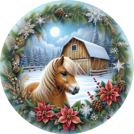 Christmas Horse Wreath sign, winter, Round metal sublimated sign