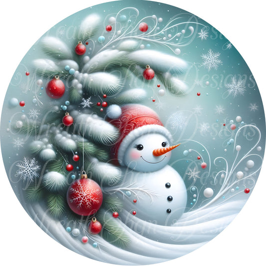snowman sign, winter sign, Mint green and red baby snowman Christmas, Wreath Sign, Wreath Center, Wreath Attachment,  round metal sign