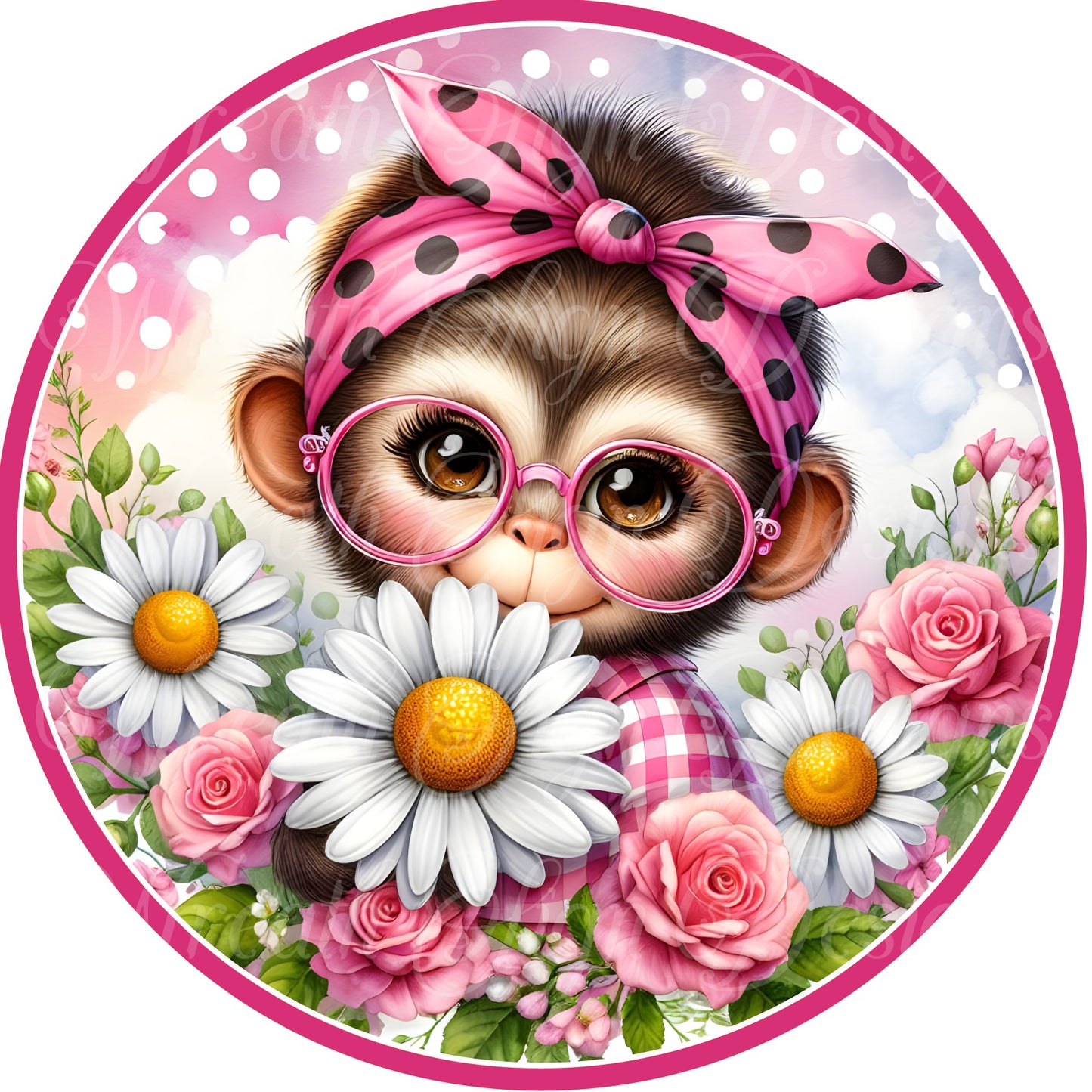 Monkey business, Monkey wearing glasses round metal wreath sign, wreath center, attachment, hot pink springtime sign