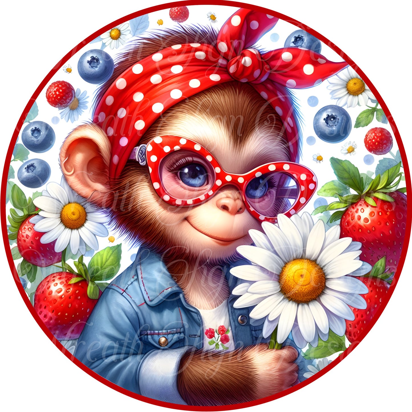 Monkey business, Monkey wearing glasses round metal wreath sign, wreath center, attachment, strawberry blueberry monkey springtime sign
