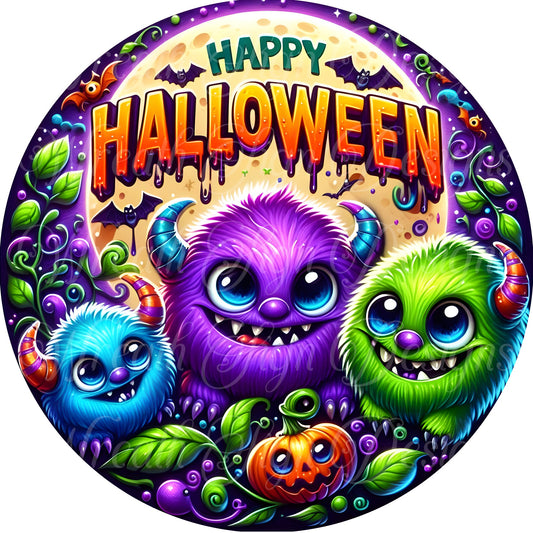 One eyed fuzzy monsters happy halloween wreath sign, Neon halloween sign, Wreath sign, wreath center, wreath attachment (Copy)
